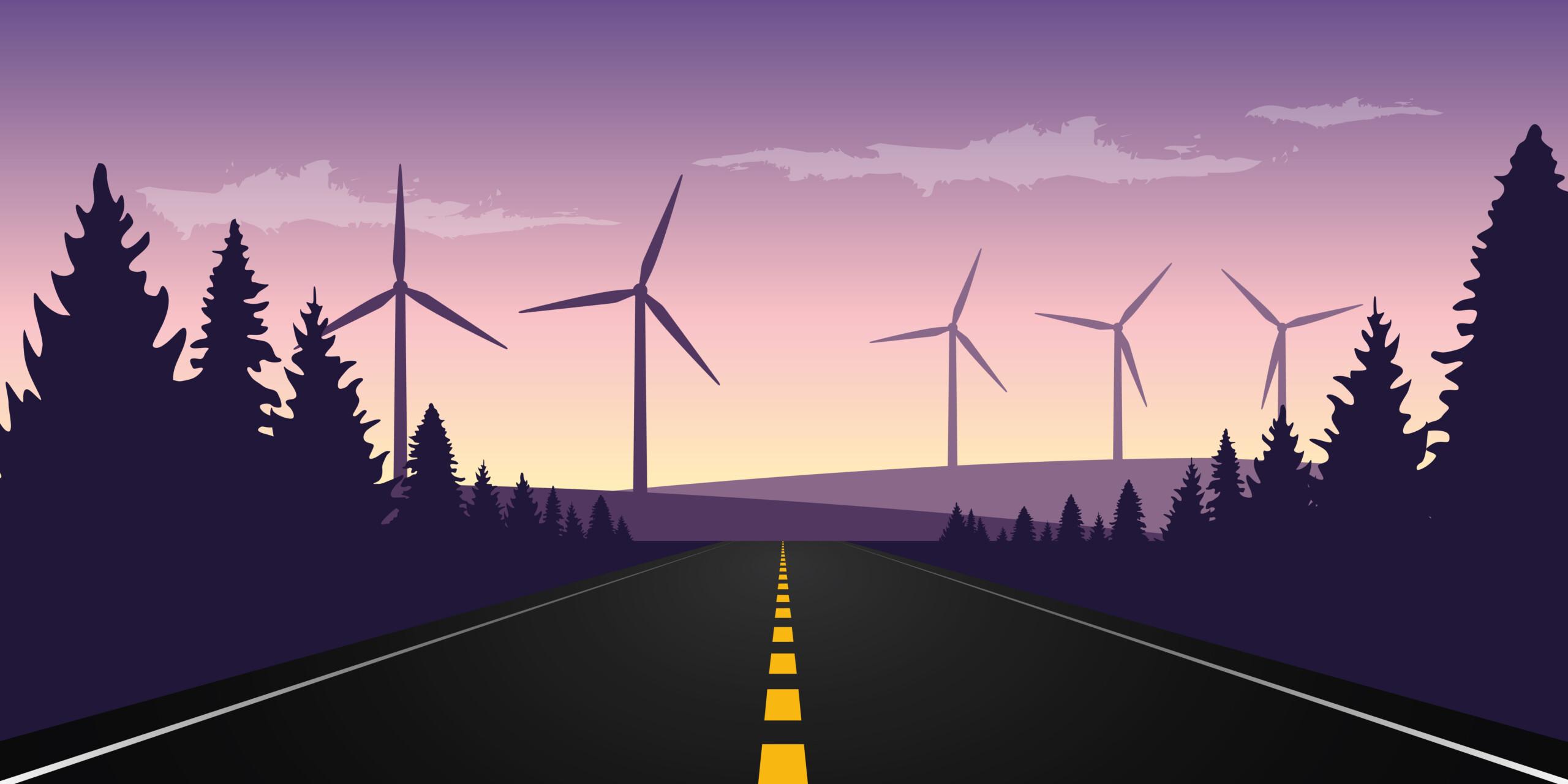Picture of a road, forest, and windmills.